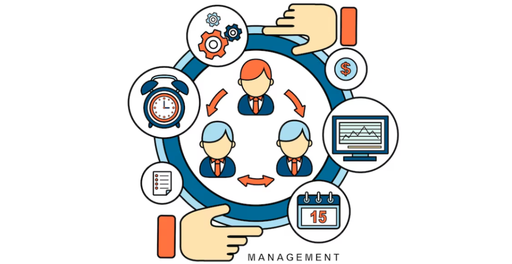Employee management system interface displayed on a laptop, with HR team collaborating in the background.